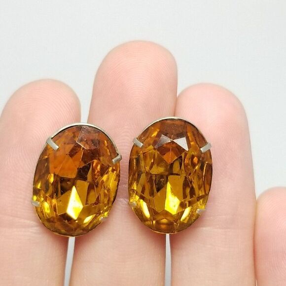 Vintage Sterling Silver Orange Oval Rhinestone Clip On Screw Back Earrings - Picture 1 of 8